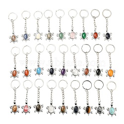 Natural & Synthetic Mixed Gemstone Keychain, with Brass Findings and Alloy Split Key Rings, Tortoise, Platinum, 9cm(KEYC-P010-A)