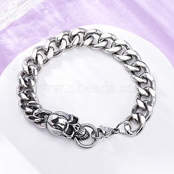 201 Stainless Steel Curb Chain Bracelets, Skull Bracelets with 304 Stainless Steel Clasps, Stainless Steel Color, 7-7/8 inch(20cm)(BJEW-B078-157P)