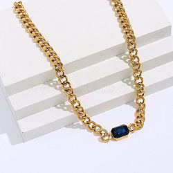 Cubic Zirconia Rectangle Pendant Necklace, with Golden Stainless Steel Cuban Link Chains, Prussian Blue, 18.90 inch(48cm)(MR3032-2)
