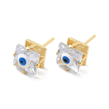 Glass Square with Enamel Evil Eye Stud Earrings, Real 18K Gold Plated Brass Jewelry for Women, White, 9x9.5mm, Pin: 1mm