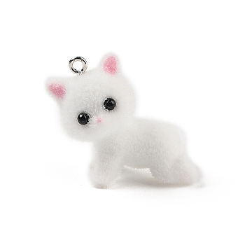 Flocking Resin Cute Kitten Pendants, Cat Shape Charms with Platinum Plated Iron Loops, White, 28x27x28mm, Hole: 2mm