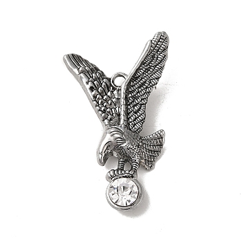 Tibetan Style Alloy Pendant, with Rhinestones, Eagle, Antique Silver, 51.5x29.5x6.5mm, Hole: 3mm