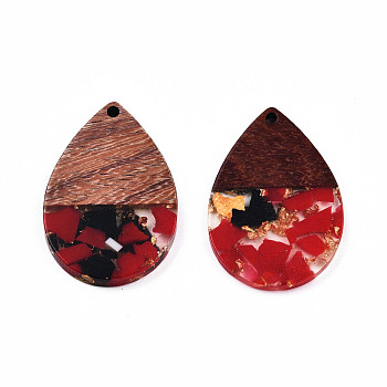 Transparent Resin & Walnut Wood Pendants, with Gold Foil, Teardrop Charm, Crimson, 36x24.5x3mm, Hole: 2mm