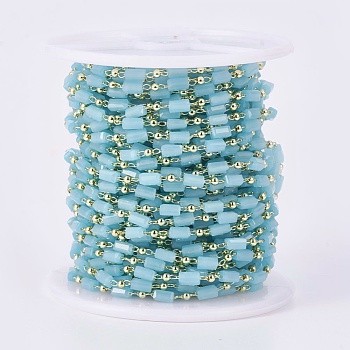 Handmade Glass Beaded Chains, Soldered, with Brass Findings, with Spool, Long-Lasting Plated, Real 18K Gold Plated, Cuboid, Pale Turquoise, 4.5x2.5~3x2.5~3mm, 2mm, about 32.8 Feet(10m)/roll