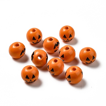 Halloween Theme Printed Natural Wooden Beads, Round with Pumpkin Pattern, Orange, 16x14.5mm, Hole: 3.5mm