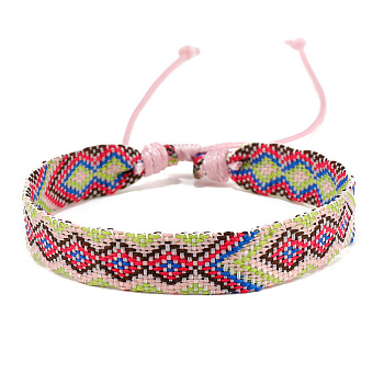 Cotton Braided Rhombus Cord Bracelet, Ethnic Tribal Adjustable Bracelet for Women, Pale Green, Inner Diameter: 7-1/8~9-7/8 inch(18~25cm)