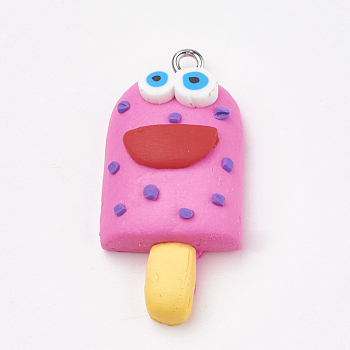 Handmade Polymer Clay Pendants, with Iron Findings, Ice Cream with Smile, Platinum, Deep Pink, 34~35x16~17x8~9mm, Hole: 2mm