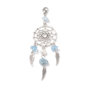 Natural Aquamarine Chip Pendant Decoration, Alloy Woven Net/Web with Wing Hanging Ornament, with Natural Cultured Freshwater Pearl, 304 Stainless Steel Lobster Claw Clasps
, 98~100mm