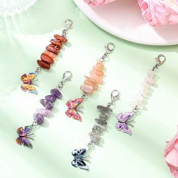 5Pcs Butterfly Alloy Enamel Pendant Decorations, with Natural Red Jasper & Sunstone & Rose Quartz & Labradorite & Lepidolite Chips and Alloy Lobster Claw Clasps, Mixed Color, 67~68mm