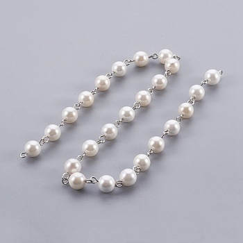Handmade Shell Pearl Beaded Chains, Unwelded, with Iron Needle, Round, Platinum, 8mm, 39.37 inch, 1m/strand