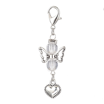 Acrylic Pendant Decoration, Alloy Pendants & Zinc Alloy Lobster Claw Clasps Charm, Angel with Heart, White, 60~60.5mm