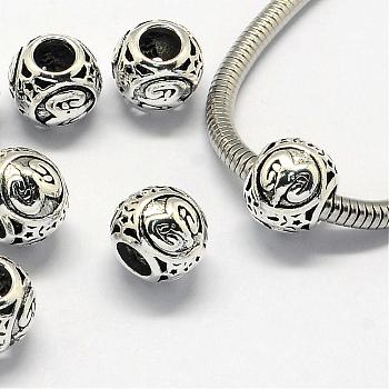 Alloy European Beads, Large Hole Rondelle Beads, with Constellation/Zodiac Sign, Antique Silver, Aries, 10.5x9mm, Hole: 4.5mm