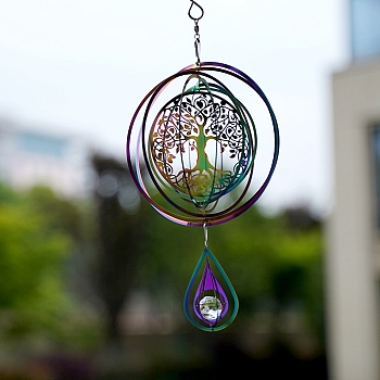 Metal 3D Wind Spinner, with Glass Beads, for Outdoor Courtyard Garden Hanging Decoration, Rainbow Color, Tree of Life, 150mm