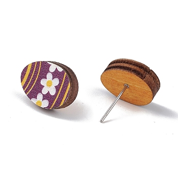 Natual Wood Easter Stud Earrings, 316 Stainless Steel Jewelry for Women, Egg Pattern, 14x11mm, Pin: 0.6mm