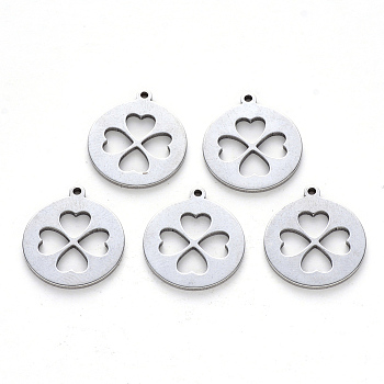 201 Stainless Steel Pendants, Laser Cut, Flat Round with Clovers, Stainless Steel Color, 18x15.5x1mm, Hole: 1.2mm