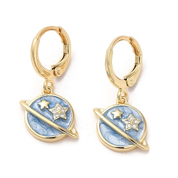 Planet Real 18K Gold Plated Brass Dangle Leverback Earrings, with Enamel and Cubic Zirconia, Steel Blue, 26.5x15mm