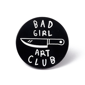 Word Bad Girl Art Club Enamel Pin, Electrophoresis Black Alloy Flat Round Brooch for Backpack Clothes, Tools Pattern, 30x2mm, Pin: 1.2mm