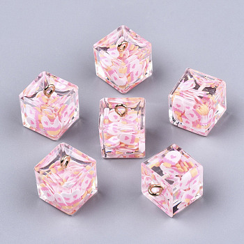 Transparent Epoxy Resin Pendants, with Polymer Clay Inside and Golden Plated Iron Loop, Cube with Cake Inside, Pearl Pink, 16x14x14mm, Hole: 2mm