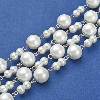 Handmade Round Glass Pearl Beads Chains for Necklaces Bracelets Making, with Iron Eye Pin, Unwelded, Platinum, White, 39.3 inch