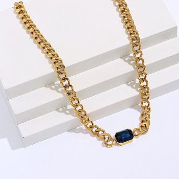 Cubic Zirconia Rectangle Pendant Necklace, with Golden Stainless Steel Cuban Link Chains, Prussian Blue, 18.90 inch(48cm)