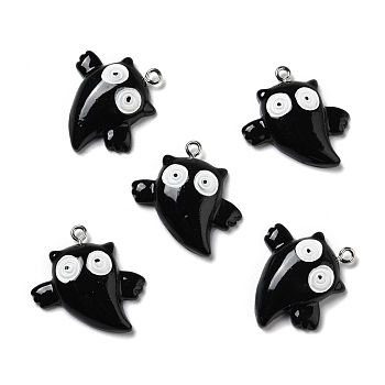Halloween Opaque Resin Pendants, with Platinum Tone Iron Loops, Ghost, Black, 28x26~27x6mm, Hole: 2mm