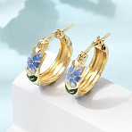 Brass Enamel Hoop Earrings for Women, Flower, Golden, Deep Sky Blue, 20x18.5x5mm(EJEW-K335-01G-01)