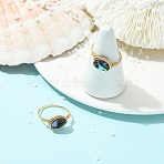 Oval Abalone Shell/Paua Shell Finger Rings, Copper Wire Wraped Rings, Light Gold, US Size 8 1/2(18.5mm)~19mm(RJEW-JR01032)