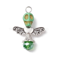 Synthetic Turquoise & Glass Pendants, Skull Charms with Alloy Wings, Lime Green, 32x23.5x10mm, Hole: 3.5mm(PALLOY-TA00113-03)