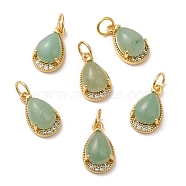 Natural Green Aventurine Teardrop Charms, with Rack Plating Brass Micro Pave Clear Cubic Zirconia Findings and Jump Ring, Cadmium Free & Lead Free, Real 18K Gold Plated, 13.5x8x5.5mm, Hole: 3.5mm(G-A034-01G-01)
