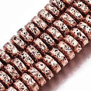 Electroplated Natural Lava Rock Beads Strands, Heishi Beads, Flat Round/Disc, Bumpy, Rose Gold Plated, 8x4mm, Hole: 1.2mm, about 105pcs/strand, 15.75 inch(40cm)(G-T114-67RG)