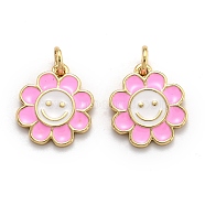 Brass Enamel Charms, Real 18K Gold Plated, Long-Lasting Plated, Flower, Pearl Pink, 14.5x13x1.5mm, Hole: 3mm(X-KK-O135-01A)