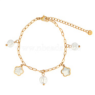 Natural Pearls and Shell Flower Charm Bracelet with Stainless Steel Paperclip Chains, Golden, 8-1/4 inch(21cm)(QS5217-1)