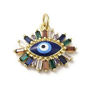 Brass Enamel Pendants, with Glass and Jump Ring, Real 18K Gold Plated, Evil Eye Charm, Midnight Blue, 17x20.5x5mm, Hole: 3.5mm(KK-E092-02G-04)