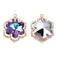 Glass Rhinestone Pendants, with Light Gold Plated Brass Findings, Snowflake, for Christmas, Purple Velvet, 28x22x9mm, Hole: 1.6mm(GLAA-N038-14A-B02-01)