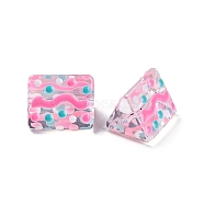 Transparent Glass Beads, with Enamel, Triangle with Wave Pattern, Pink, 9.5x12x9mm, Hole: 1.2mm(GLAA-C026-02D)