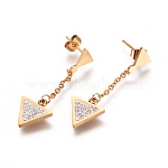 304 Stainless Steel Dangle Stud Earrings, with Chain, Crystal Rhinestone and Ear Nuts/Earring Back, Triangle, Golden, 32mm, Pin: 0.8mm, Pendant: 27x11x2mm(EJEW-I231-03G)