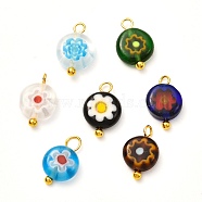Lampwork Pendants, with Handmade Millefiori Glass Charms and Brass Pins, Flat Round with Flower Pattern, Mixed Color, 12x8x3mm, Hole: 1.2mm(PALLOY-JF00971)