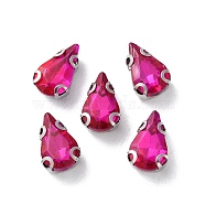 Teardrop Sew on Rhinestone, Multi-strand Links, Glass Rhinestone, with Stainless Steel Prong Settings, Garments Accessories, Faceted, Fuchsia, 10x6.5x4mm, Hole: 0.8mm(RGLA-L028-09C-02)