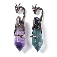 Natural Fluorite Faceted Pointed Bullet Big Pendants, Rack Plating Brass Dragon Charms, Lead Free & Cadmium Free, Red Copper, 73.5~78.5x15.5~16.5x15.5~16.5mm, Hole: 4x2.5mm(G-L524-19R-13)