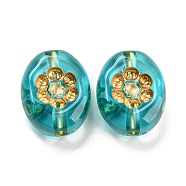 Plating Transparent Acrylic Beads, Golden Metal Enlaced, Oval with Flower, Medium Turquoise, 13.5x11x5.5mm, Hole: 1.8mm, about 909pcs/500g(OACR-A024-03A)