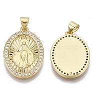 Brass Micro Pave Cubic Zirconia Pendants, for Mother's Day, with Brass Snap on Bails, Oval with Virgin Mary, Real 18K Gold Plated, Clear, 23x17x2mm, Hole: 3x5mm(KK-N227-04)