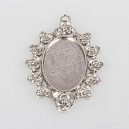Vintage Tibetan Style Alloy Large Flower Pendant Cabochon Bezel Settings, Cadmium Free & Lead Free, Antique Silver, Oval Tray: 20x30mm, 57x37x2mm, Hole: 3mm, about 91pcs/kg(TIBEP-O006-55AS)