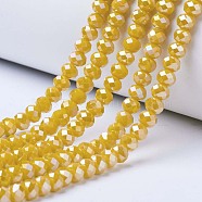 Electroplate Glass Beads Strands, Opaque Solid Color, AB Color Plated, Faceted, Rondelle, Gold, 4x3mm, Hole: 0.4mm, about 130pcs/strand, 16.54 inch(42cm)(X-EGLA-A034-P4mm-B03)