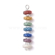 Chakra Natural Lava Rock Dyed Beaded Pendants, with Silver Lined Glass Seed Beads, Disc Charms, Platinum, 43x8mm, Hole: 2.5mm(PALLOY-JF02545-04)