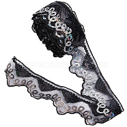 Waved Polyester Lace Trim, with Paillette, Black, 2 inch(50mm), about 10 yards/pc(OCOR-WH0070-14C)