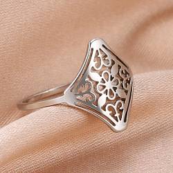 201 Stainless Steel Finger Rings, Hollow Rhombus & Flower, Stainless Steel Color, Inner Diameter: 17mm(FS-WG07FAA-02)