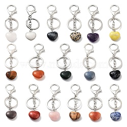 Natural Mixed Gemstone Keychain, with Platinum Plated Iron Split Key Rings, Heart, 9~9.2cm(KEYC-M022-04)