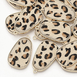 Eco-Friendly Cowhide Leather Pendants, with Golden Plated Alloy Cabochon Settings, teardrop, with Leopard Print Pattern, PeachPuff, 35x21x2~3mm, Hole: 1.8mm(FIND-N049-03O)