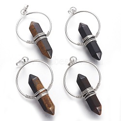 Natural Tiger Eye Big Double Terminated Pointed Pendants, with Brass Findings, Bullet, Platinum, 57.5~59x33.2~34x12~12.5mm, Hole: 7.5~8x5mm(G-G771-A01)