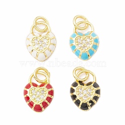 Rack Plating Brass Micro Pave Cubic Zirconia Pendants, with Enamel, Long-Lasting Plated, Real 18K Gold Plated, Cadmium Free & Lead Free, Heart Padlock, Mixed Color, 15x11x3mm, Jump Ring: 6x1mm, Inner Diameter: 4mm(KK-H428-04G)
